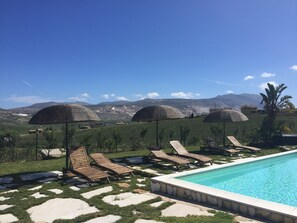Sæsonbestemt udendørs pool, parasoller, liggestole