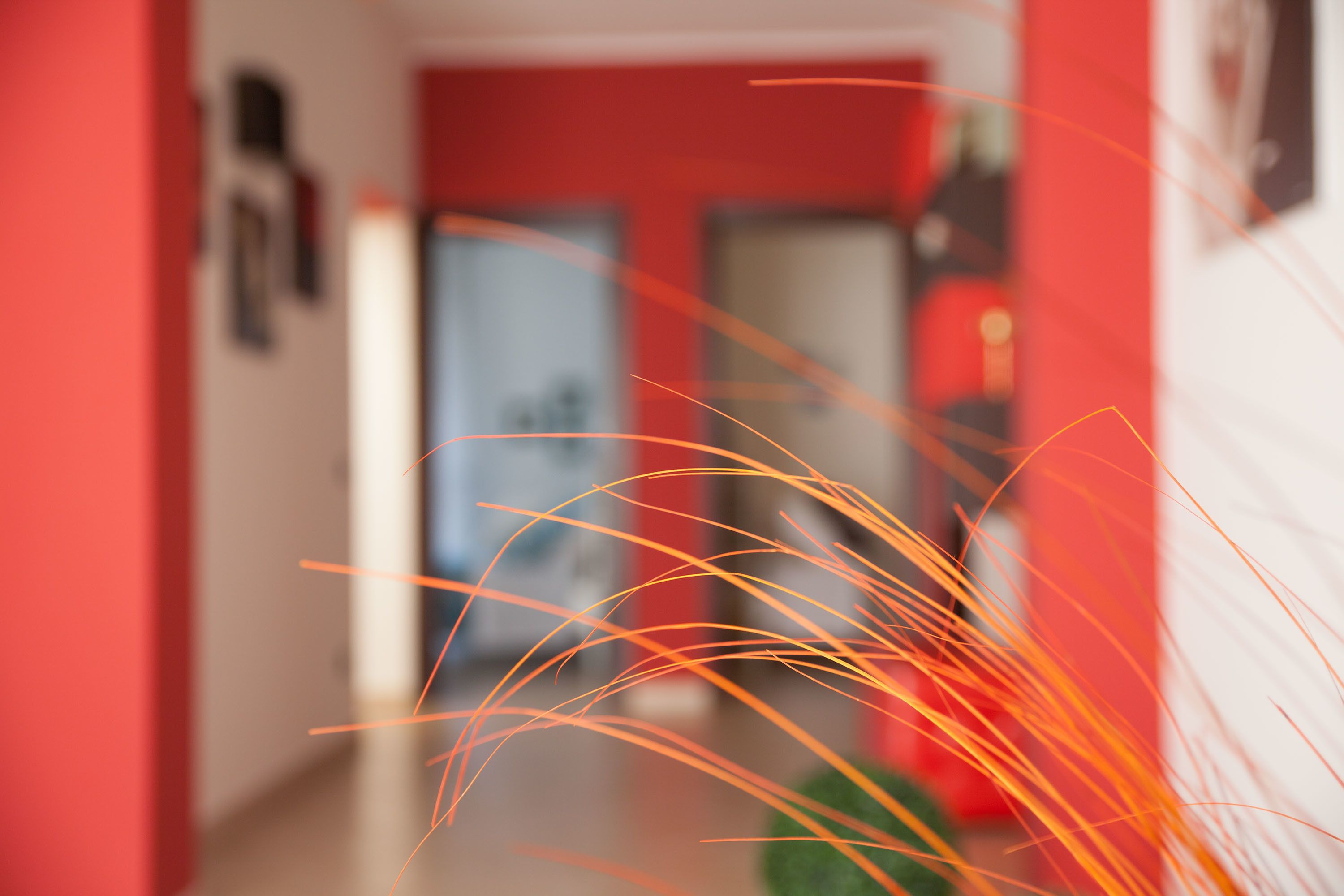 Un pasillo borroso con una pared roja y una puerta al fondo.