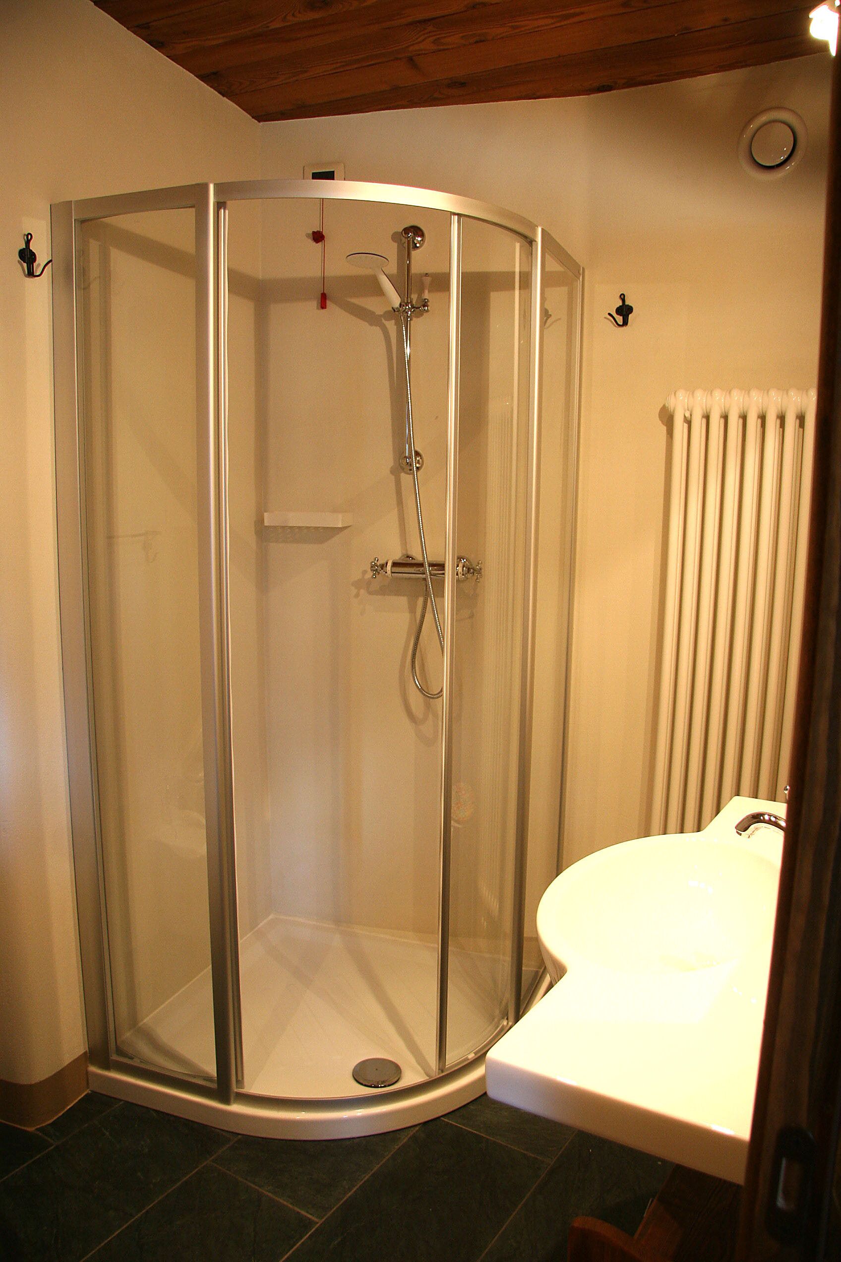 A glass-enclosed shower with a white sink and a radiator.