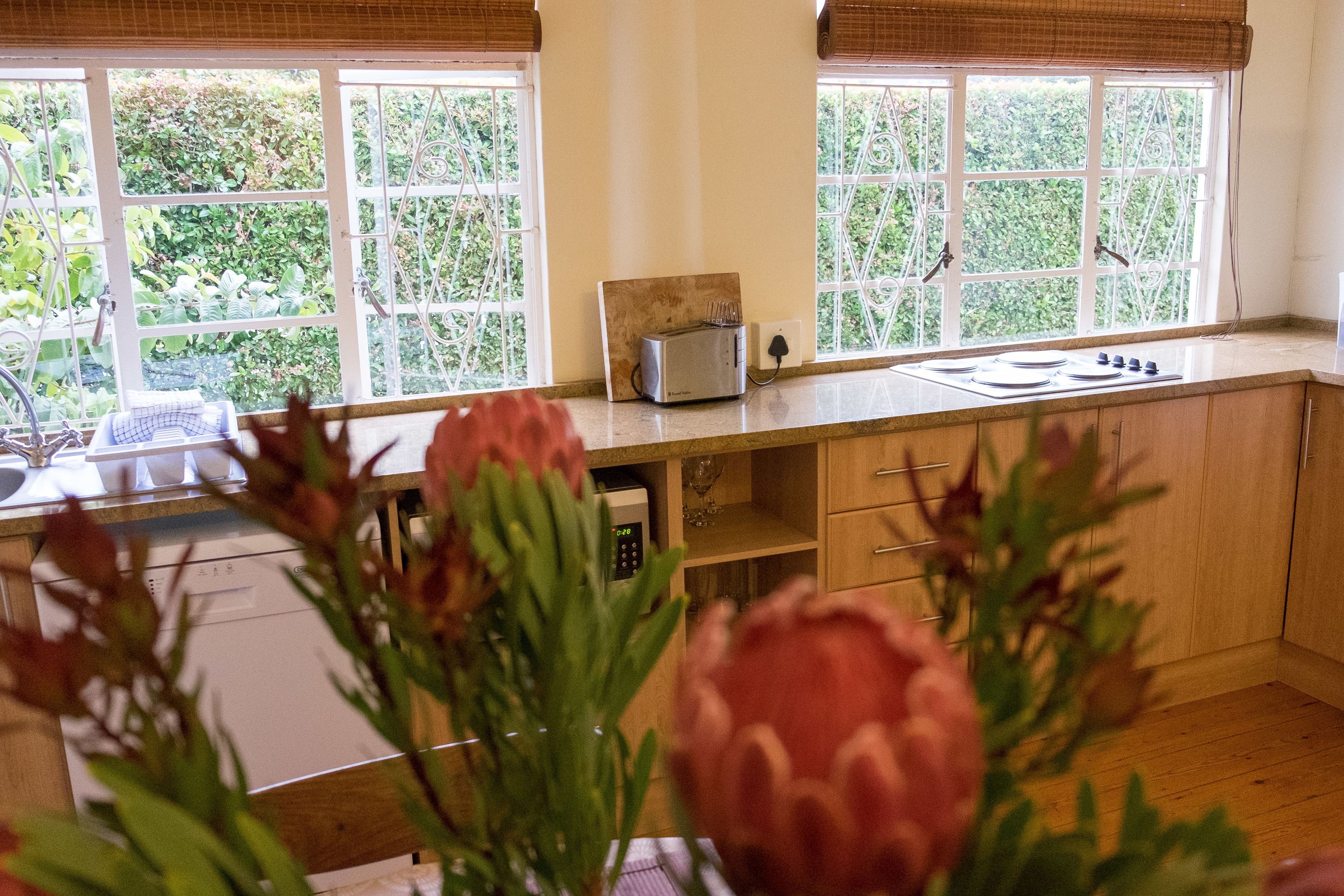 A kitchen with a toaster, a dish rack, and a window with a view of greenery.