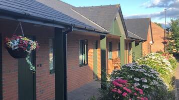 Rows of charming houses with brick walls and pitched roofs, each with a front door and small window.