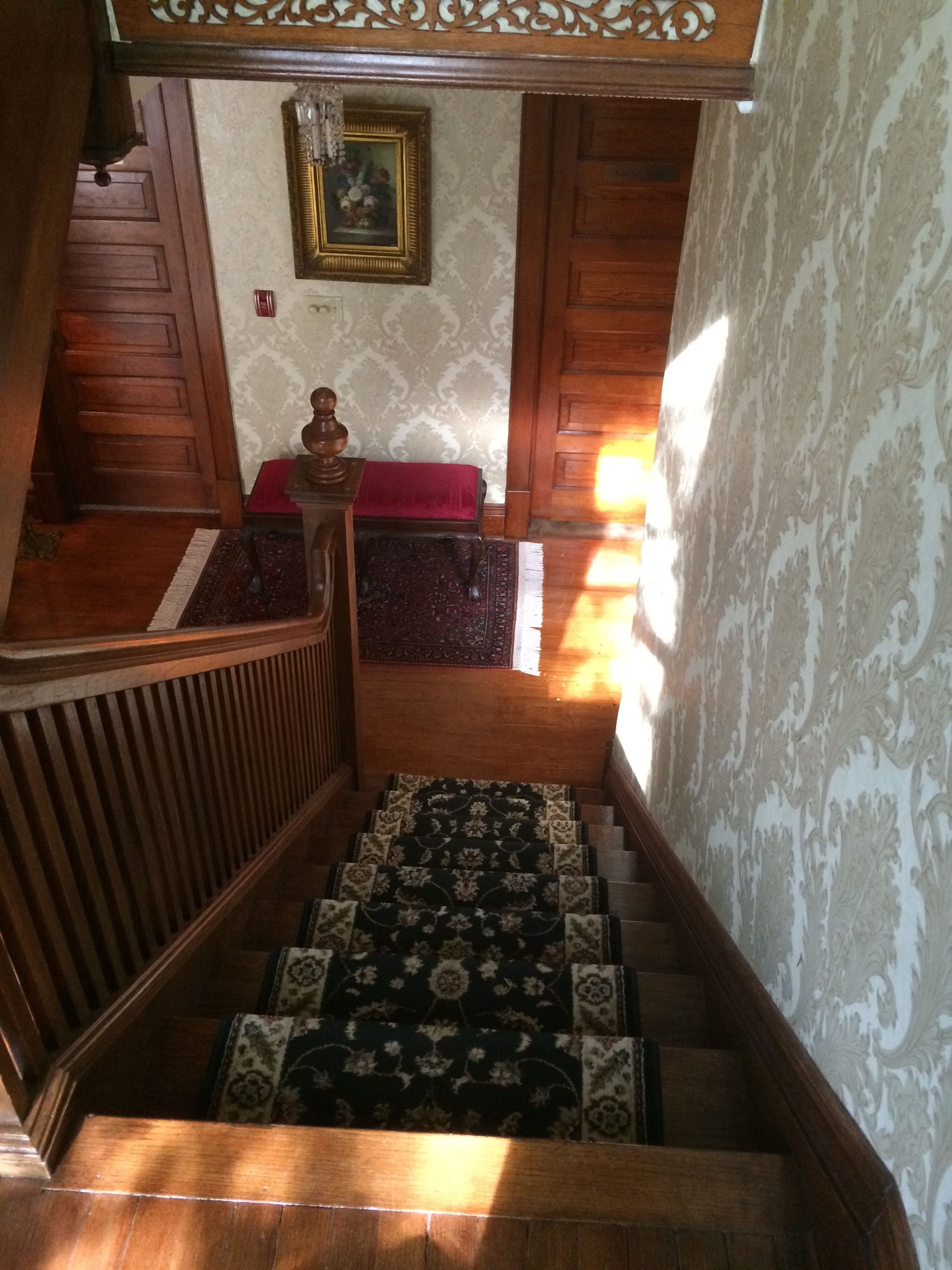 A staircase with a patterned carpet, wooden handrail, and a red bench at the top.