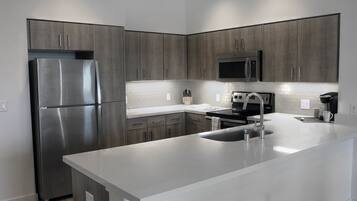 Full-sized fridge, microwave, oven, stovetop