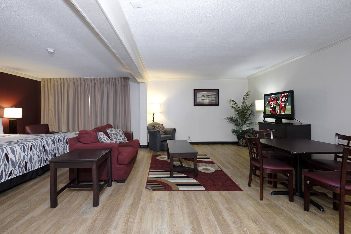 Een hotelkamer met een bed, een rode bank, een eettafel met stoelen, een televisie en een plant.