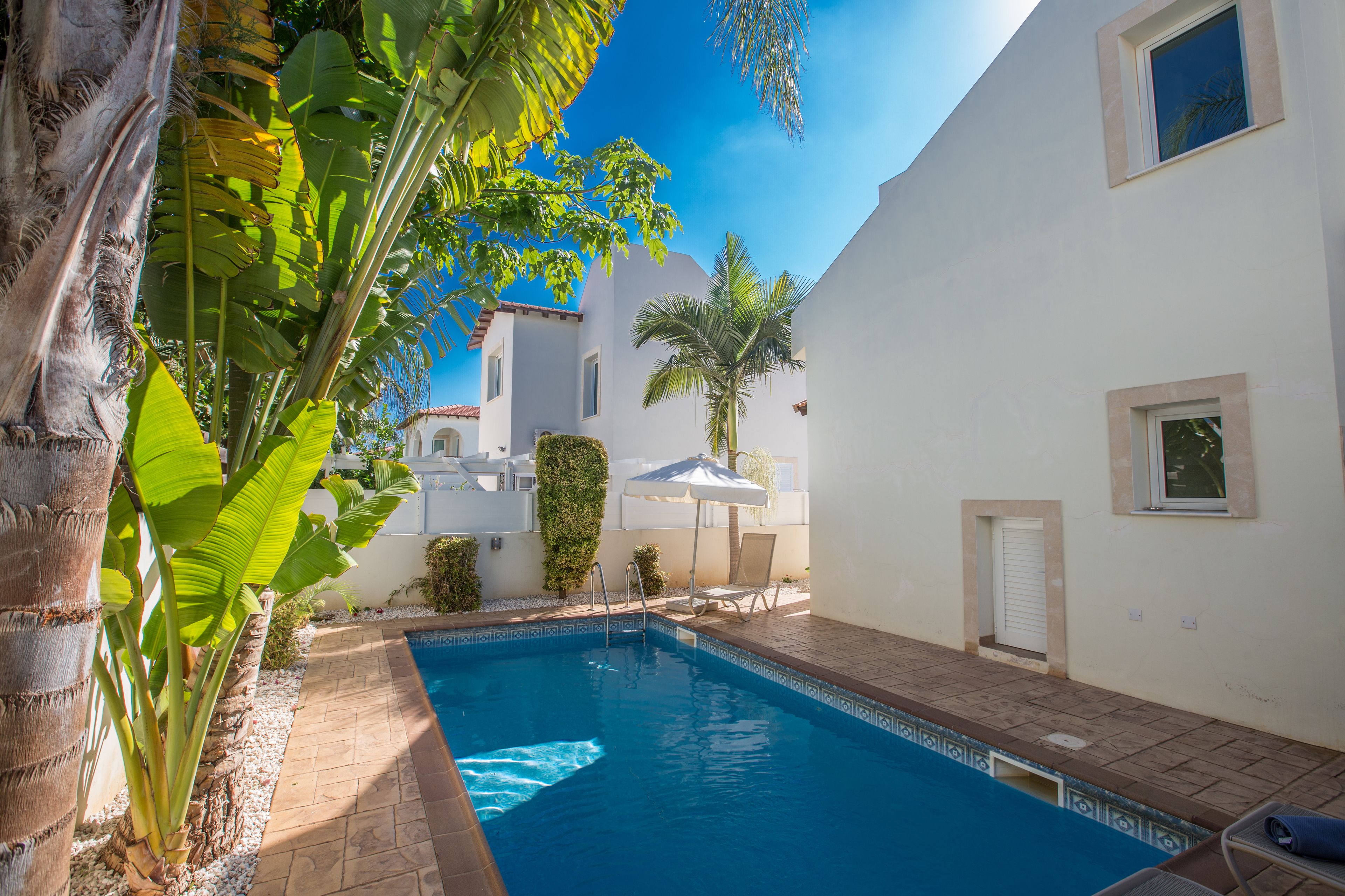 Outdoor pool, pool umbrellas, pool loungers