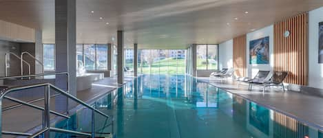 Indoor pool, seasonal outdoor pool, pool loungers