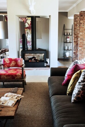 Flat-screen TV, fireplace