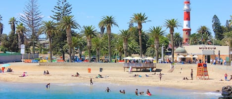 A beach with a lighthouse, palm trees, and a museum.