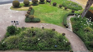 A landscaped garden with neatly trimmed hedges, spherical topiaries, and a variety of flowering plants. - Wilderness Manor (Wilderness)