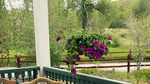 A wicker rocking chair on a wooden deck with a green railing. - The Historic Elk Mountain Hotel (Elk Mountain)