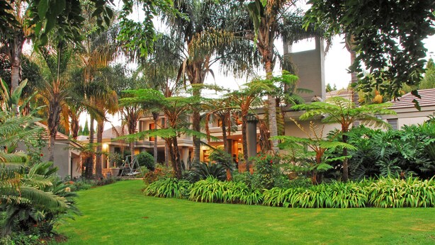 Een hotel met een weelderige tuin, palmbomen en een verzorgd gazon.