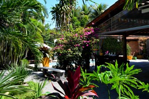 A courtyard with a bench, potted plants, and a building with a brick wall and a covered area. - Hostel Braz (Rio de Janeiro)