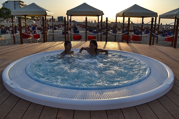 Beach nearby, sun loungers, beach umbrellas, beach bar