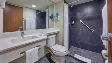 Shower, free toiletries, hair dryer, towels