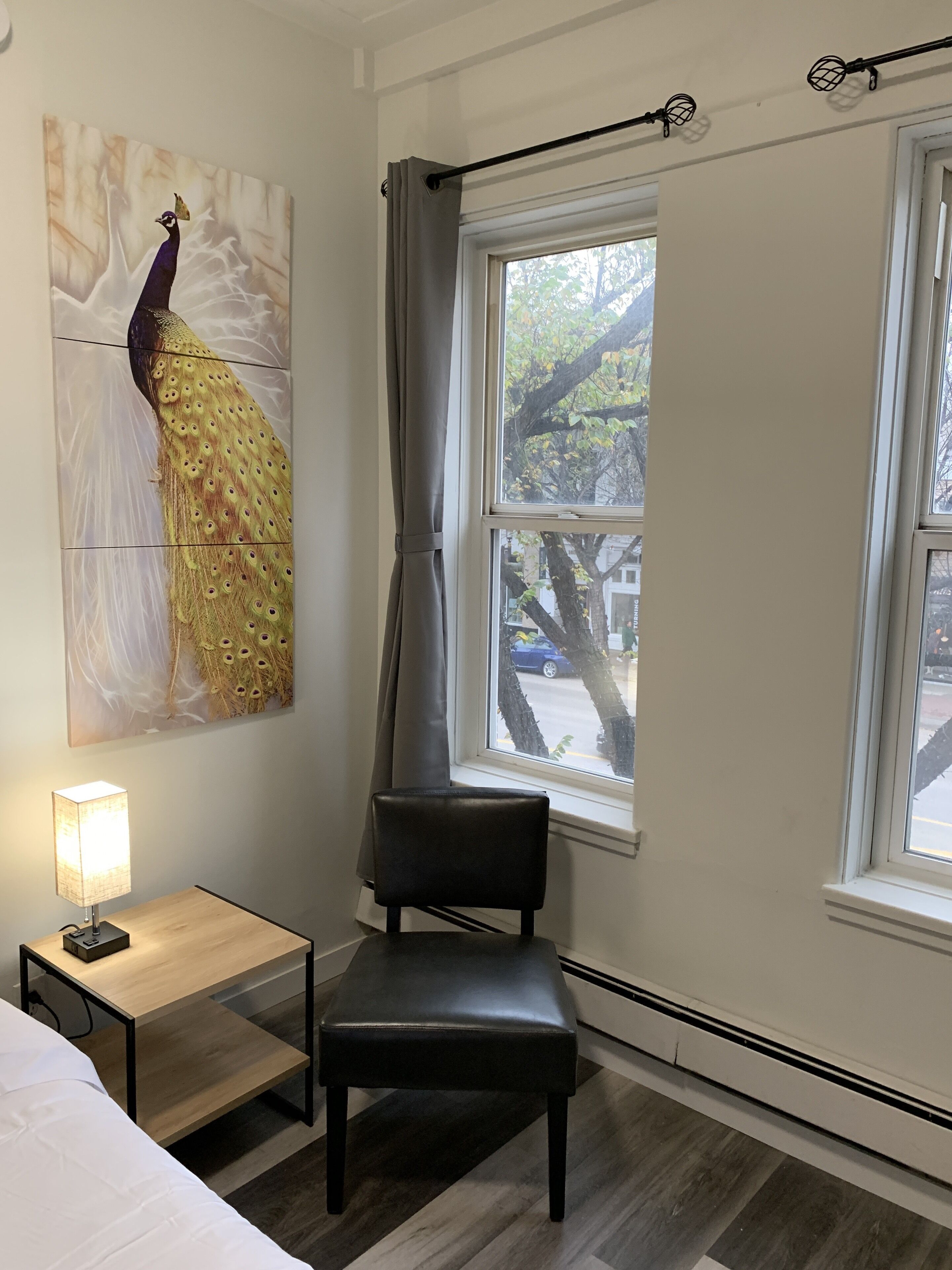 A room with a bed, a chair, a nightstand with a lamp, a window with a view of trees and a car, and a peacock painting on the wall.