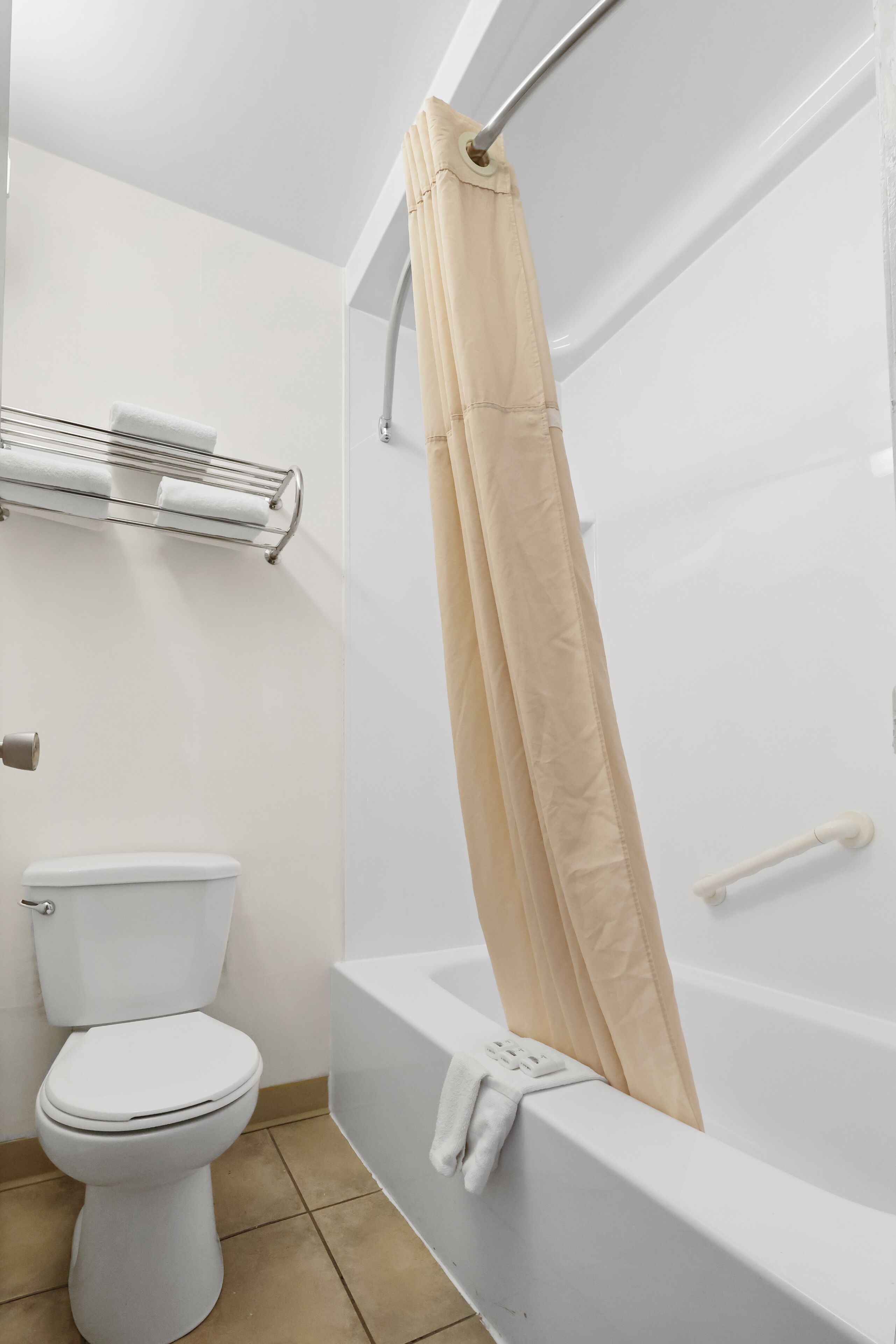 A bathroom with a toilet, a bathtub, and a shower curtain.
