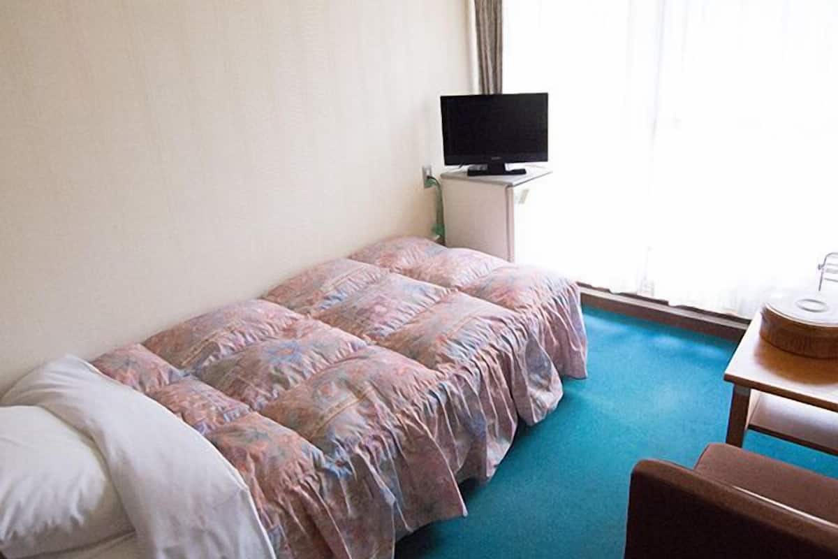 Et hotelværelse med en seng, et fjernsyn på et stativ, et skrivebord med en stol og et vindue med gardiner.