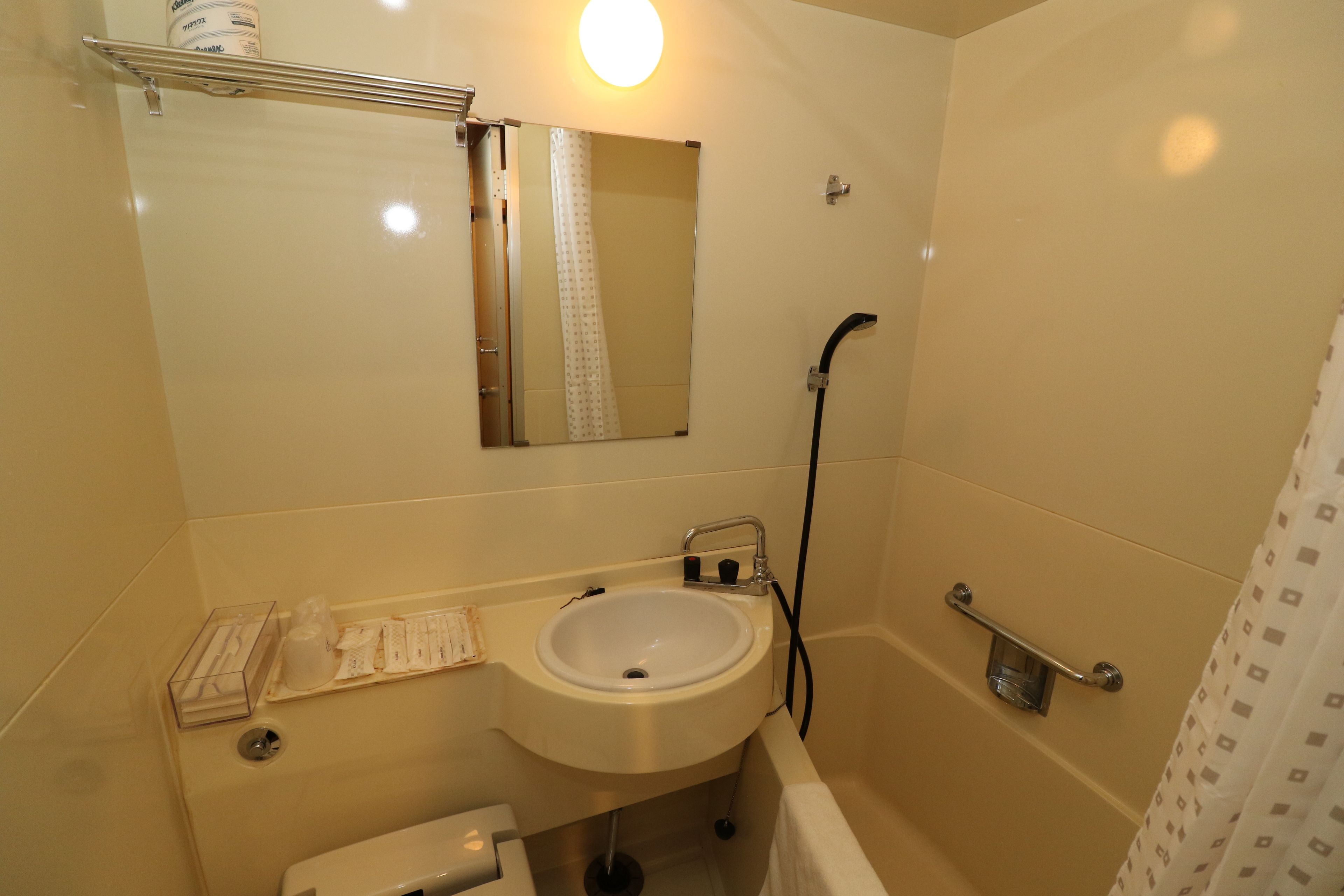A bathroom with a sink, mirror, shower, and toilet.