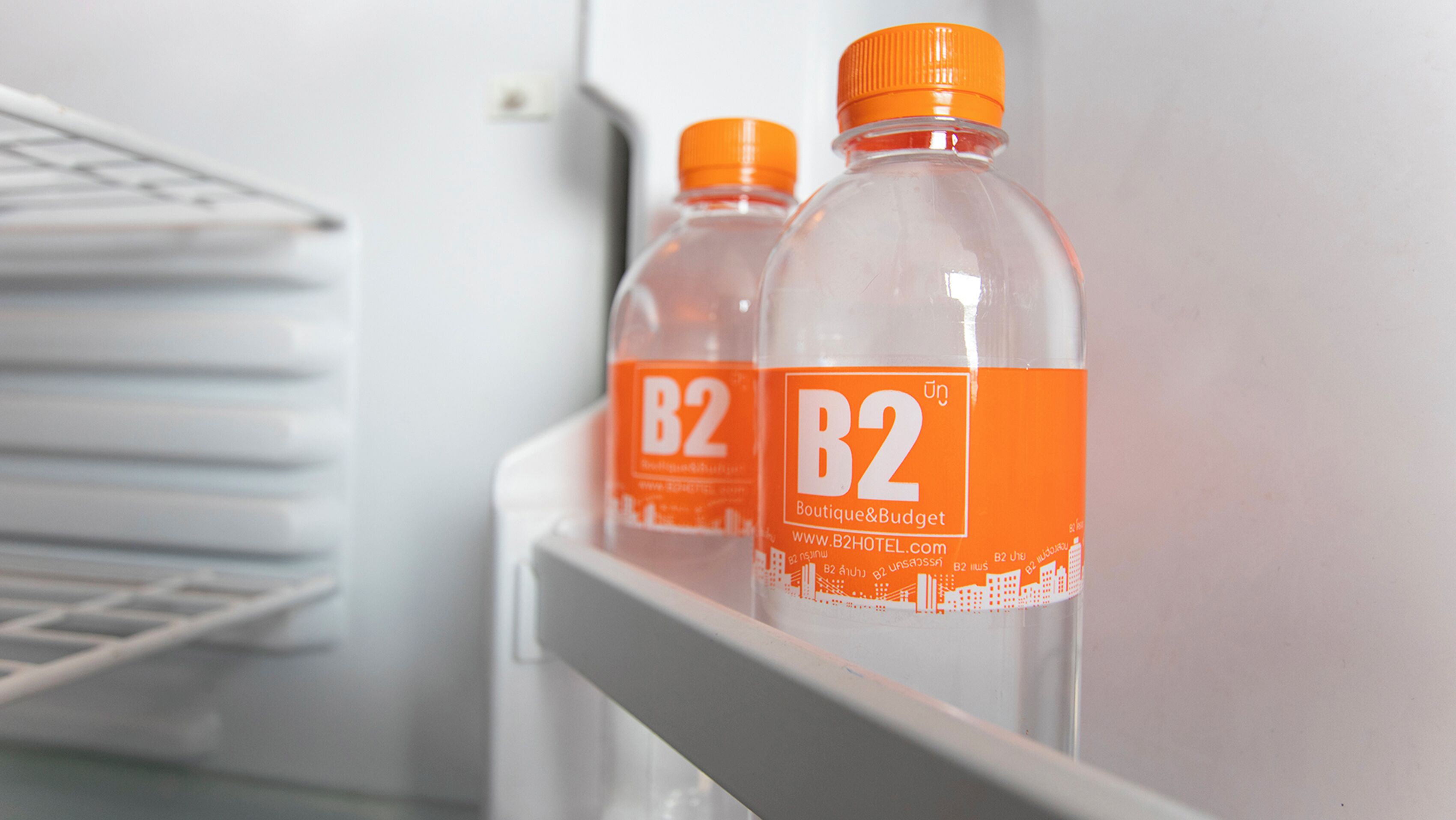 Two bottles with orange labels and white text on a shelf inside a refrigerator.
