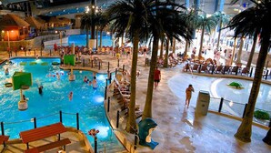 Una piscina interior con varias pistas, palmeras y un mural con temática tropical.