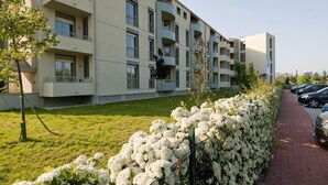 A multi-story residential building with balconies, a paved driveway, and a row of parked cars.