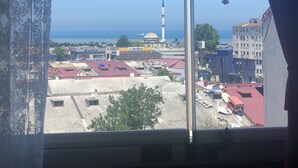 A view from a window overlooking a cityscape with a mosque, a bank, and a body of water. - Sanli Hotel (Trabzon)