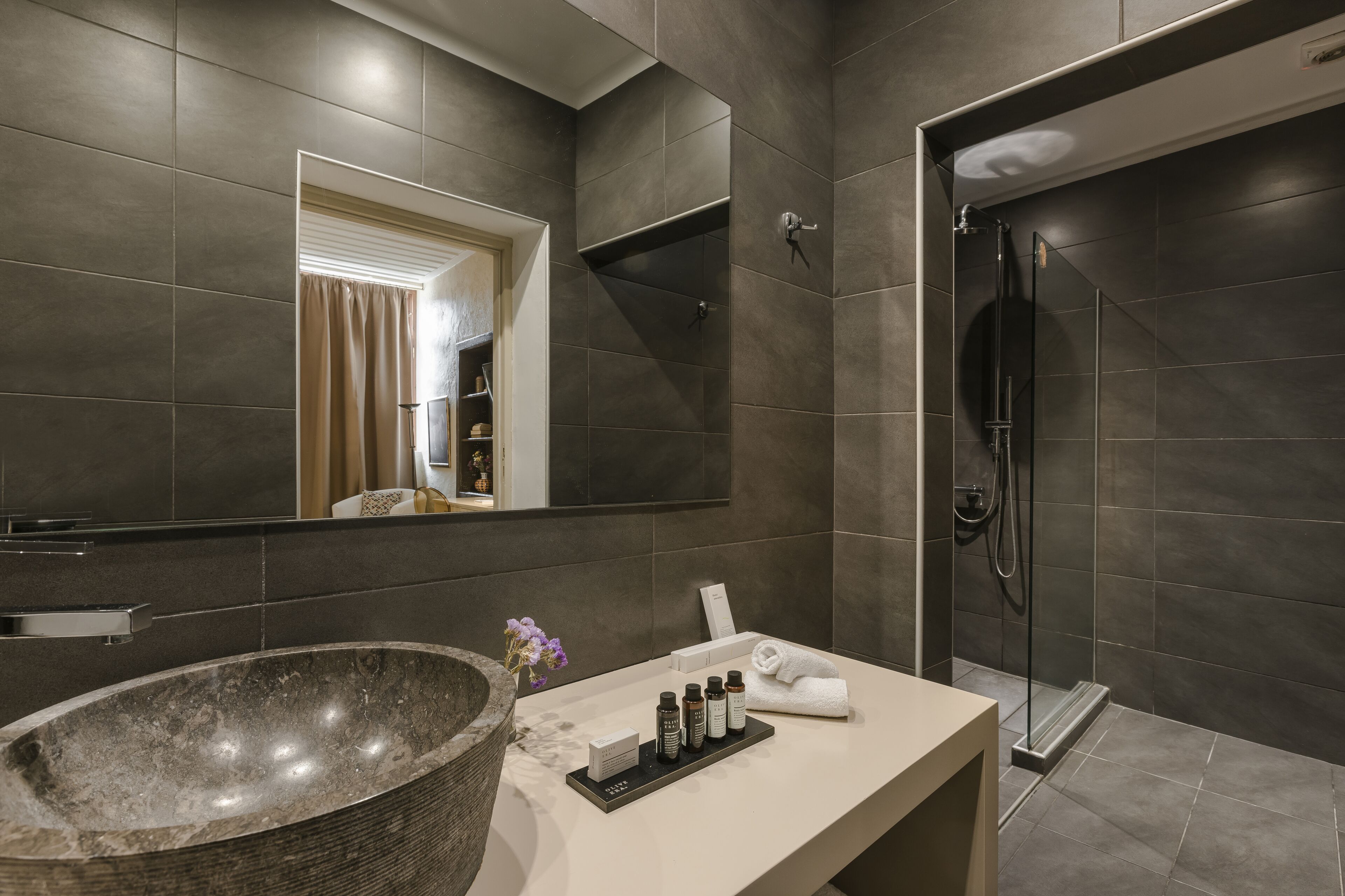 superior double room | bathroom | shower, designer toiletries, hair dryer, bathrobes