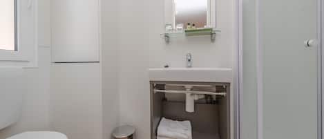 A modern bathroom with a toilet, sink, and glass shower enclosure.