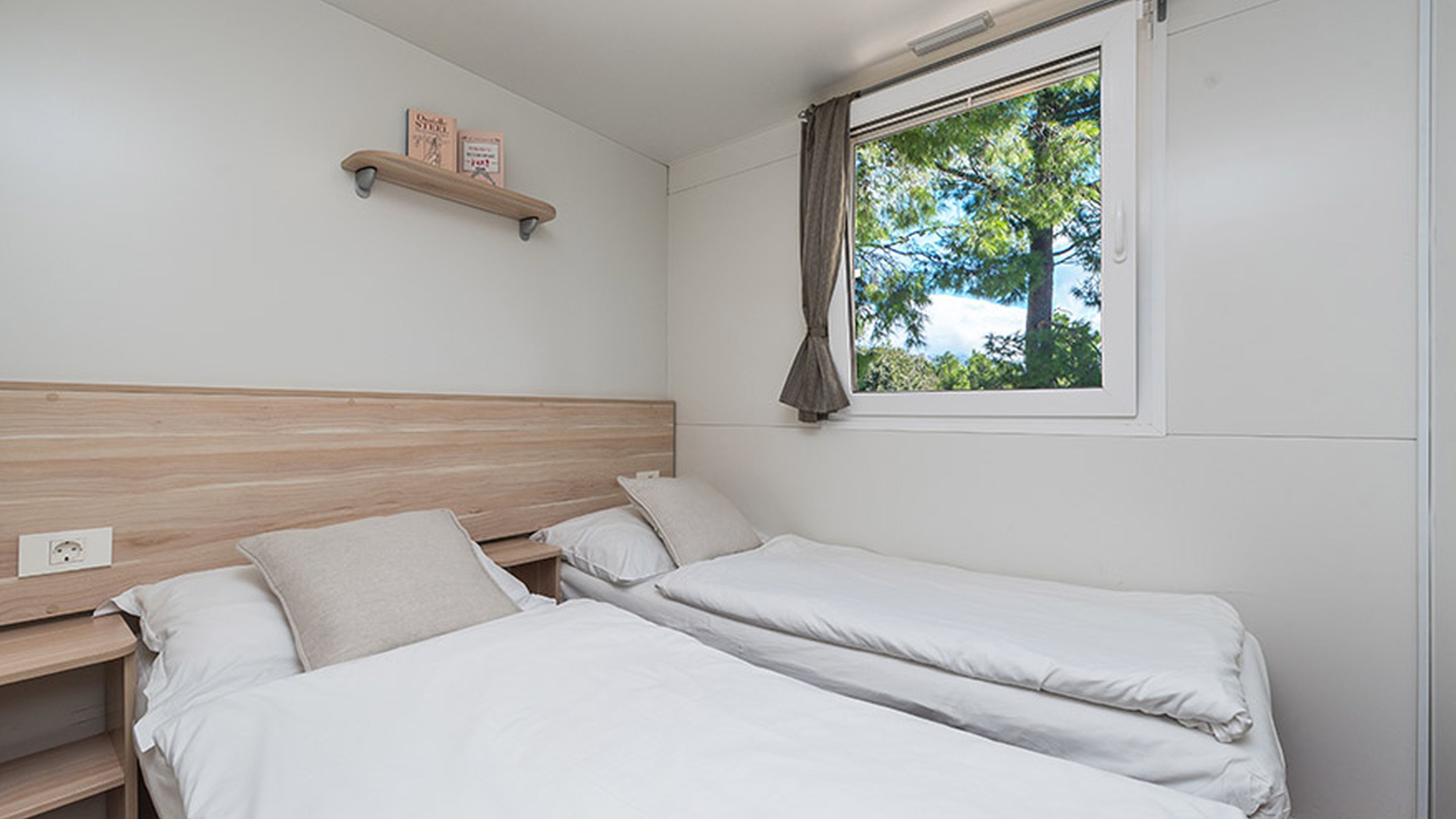 Une chambre avec deux lits simples, une tête de lit en bois, une étagère remplie de livres et une fenêtre donnant sur des arbres.
