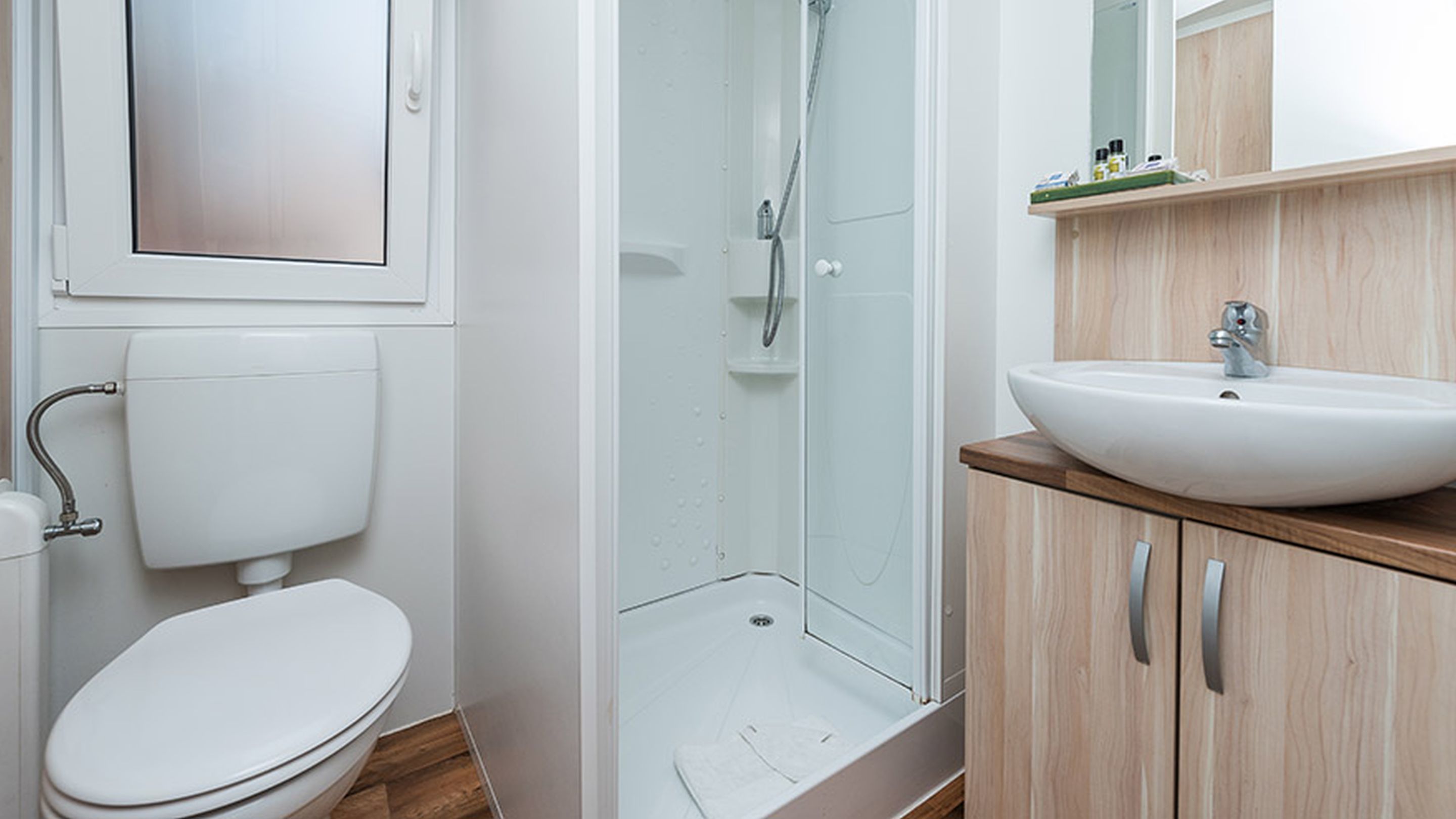 Een badkamer met toilet, douche en wastafel.