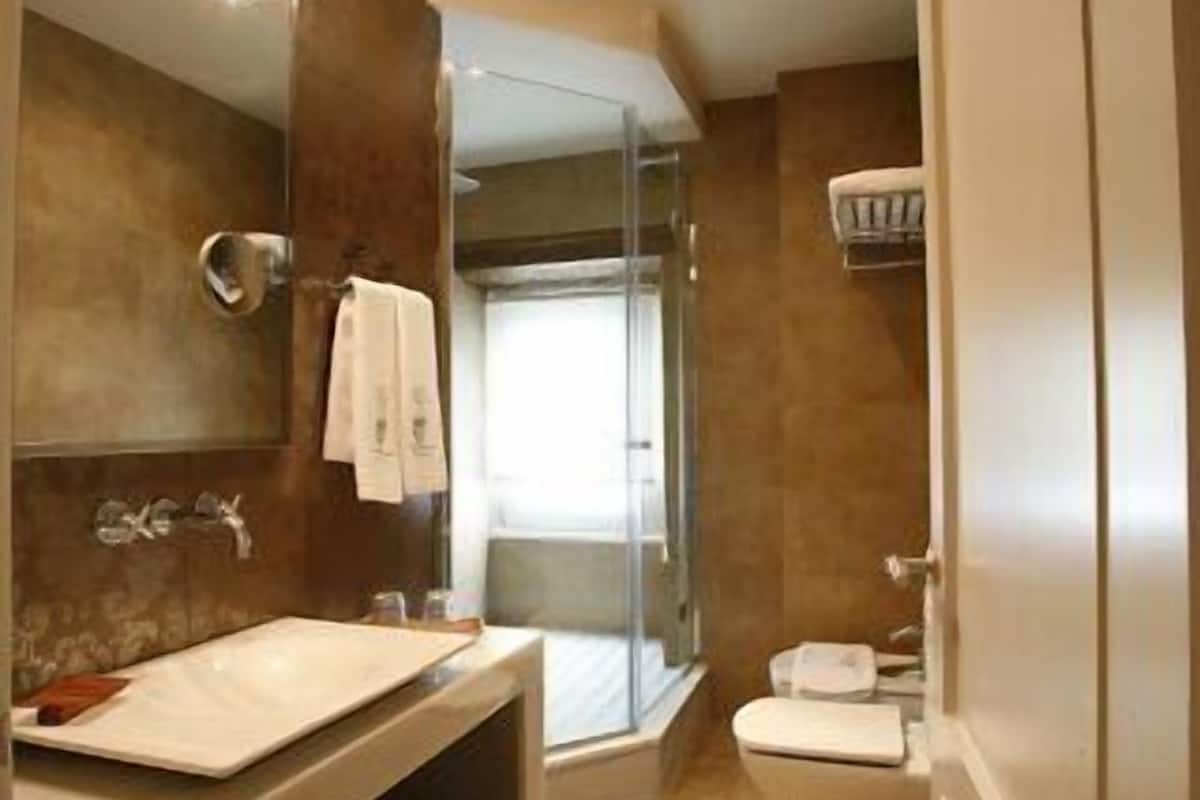 shower, rainfall showerhead, free toiletries, hair dryer