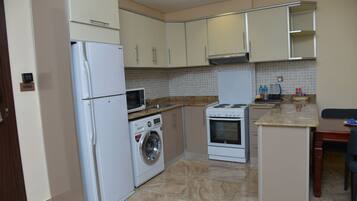 A compact kitchen with a refrigerator, washing machine, microwave, stove, and tiled backsplash.