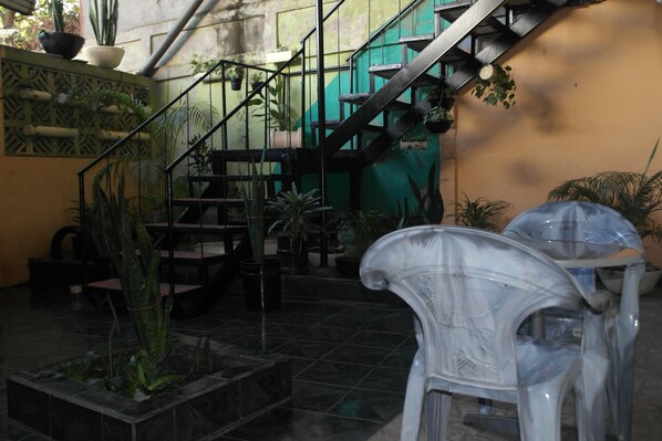 A staircase with a metal railing, surrounded by potted plants and clear plastic chairs.