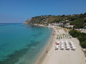 Private beach nearby, white sand, sun loungers, beach umbrellas