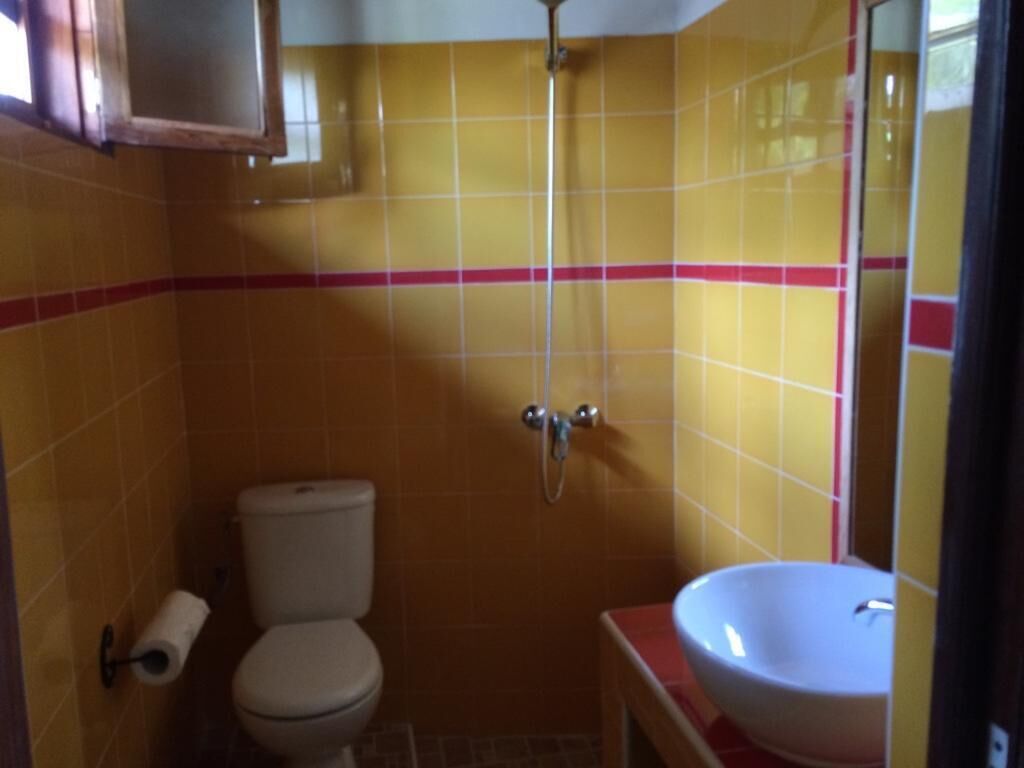 A bathroom with yellow tiles, a white toilet, a shower, and a sink.