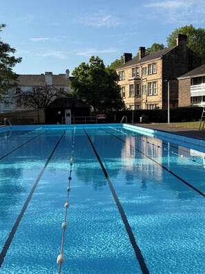 Outdoor pool, pool umbrellas, pool loungers