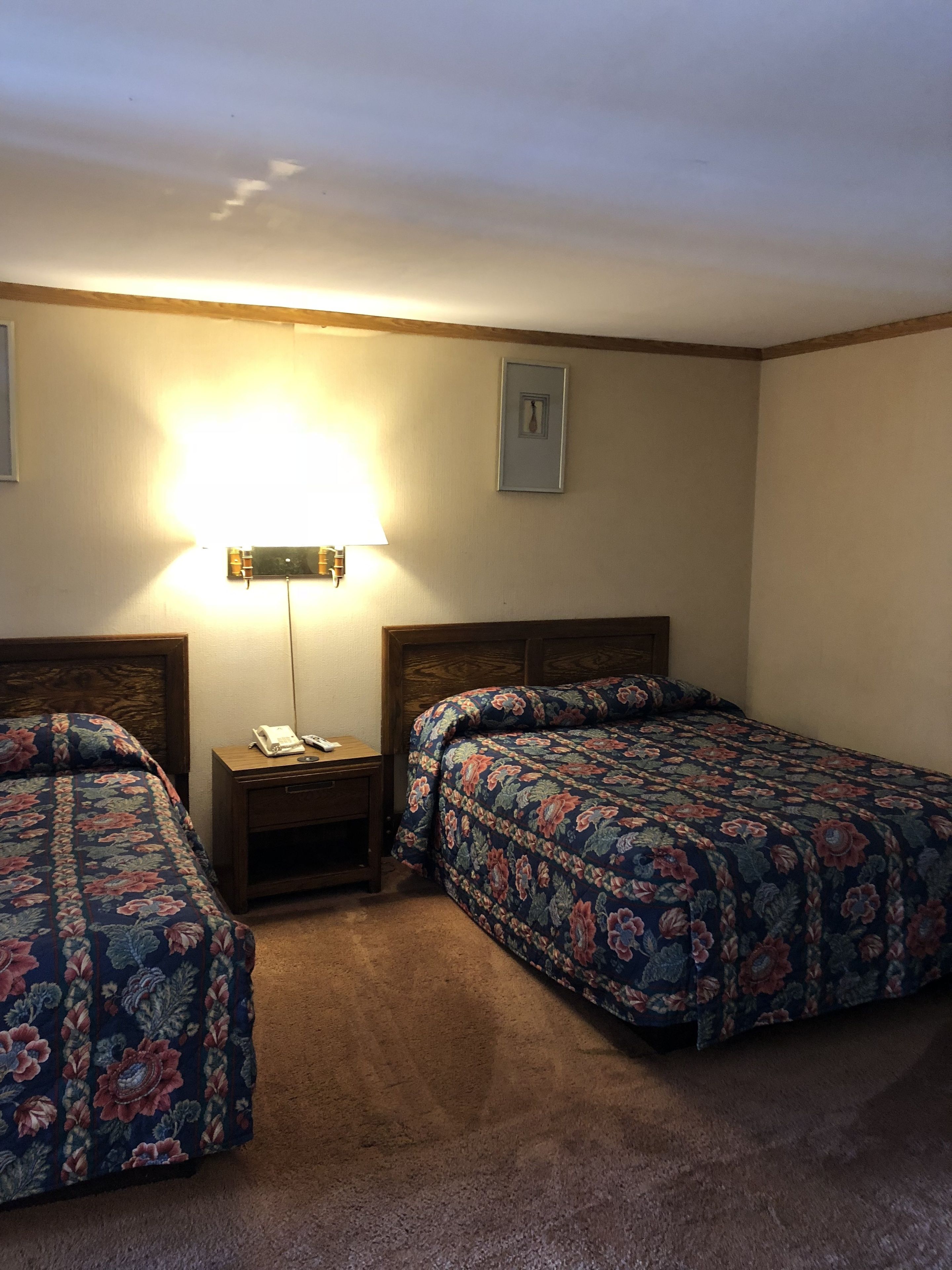 A hotel room with two beds, a nightstand with a lamp, and a framed picture on the wall.