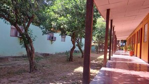 A covered corridor with trees and potted plants, leading to a building with windows and doors. - Hotel Guanacaste (Liberia)