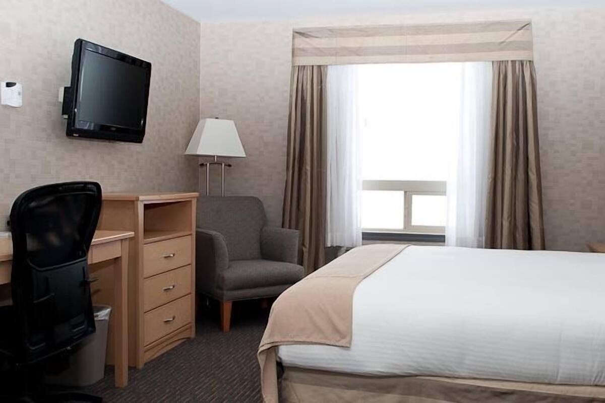 A hotel room with a bed, desk, chair, TV, lamp, and curtains.