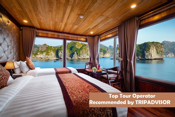 Deluxe Triple Room, Sea View | Pillowtop beds, blackout drapes, bed sheets - Lavender Elegance Cruise (Ha Long)