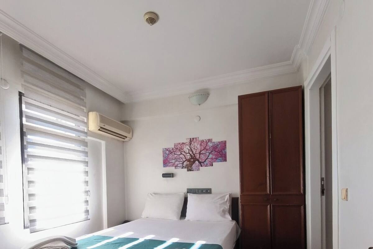 A bedroom with a bed, a window with blinds, a wall-mounted air conditioner, a door, and a painting of trees.