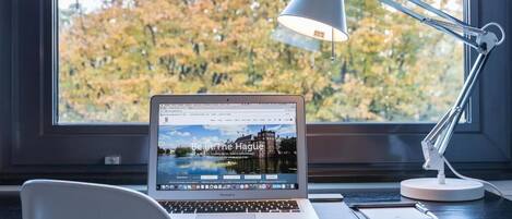 In-room safe, desk, laptop workspace, soundproofing