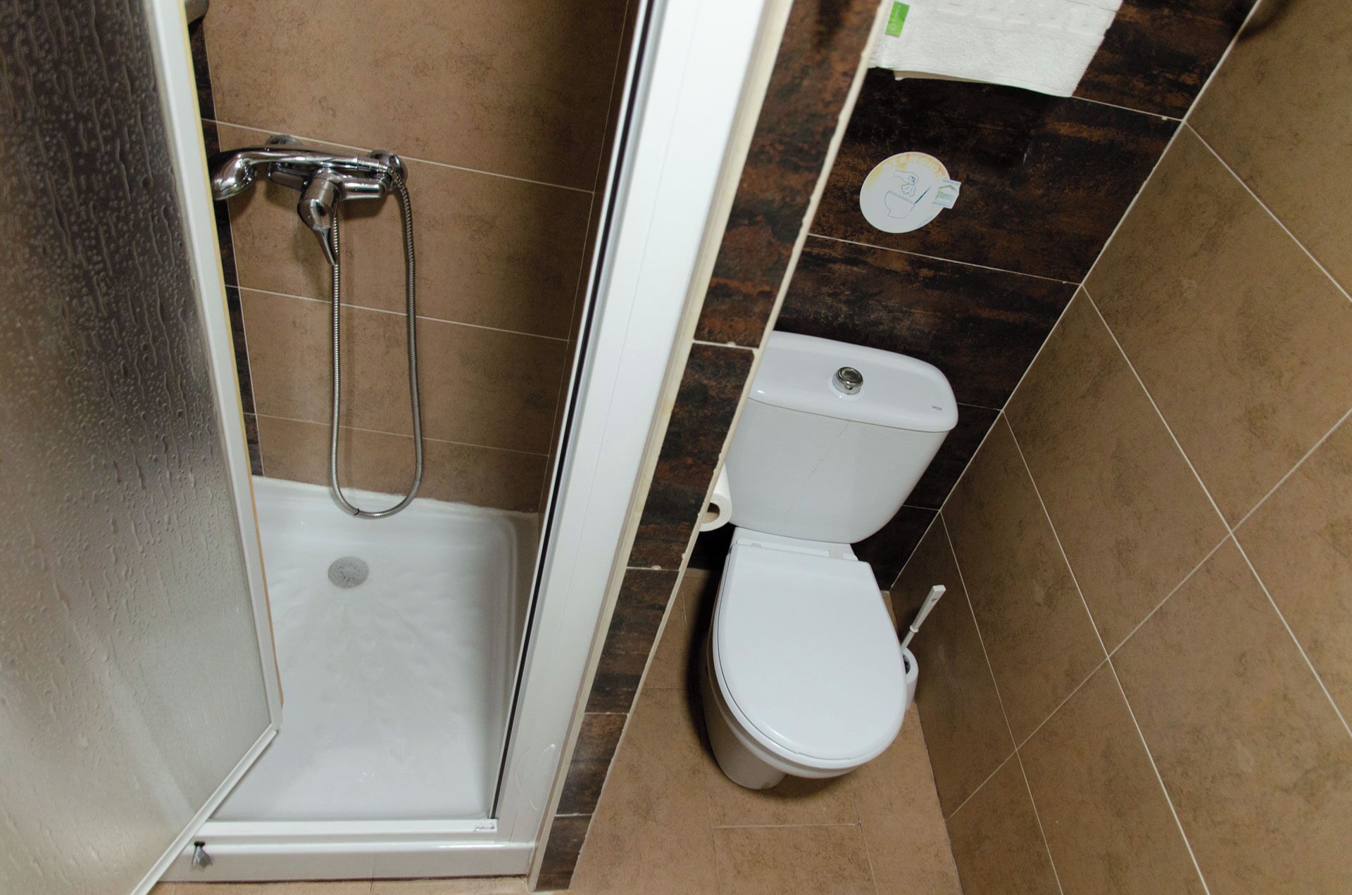 A bathroom with a shower, toilet, and a small sink.