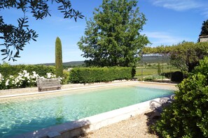 Una piscina rectangular con un banco de madera y un árbol alto y delgado al fondo.