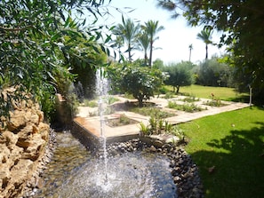 Un giardino con un elemento d'acqua, tra cui una fontana e un piccolo ruscello, circondato da rocce e vegetazione.