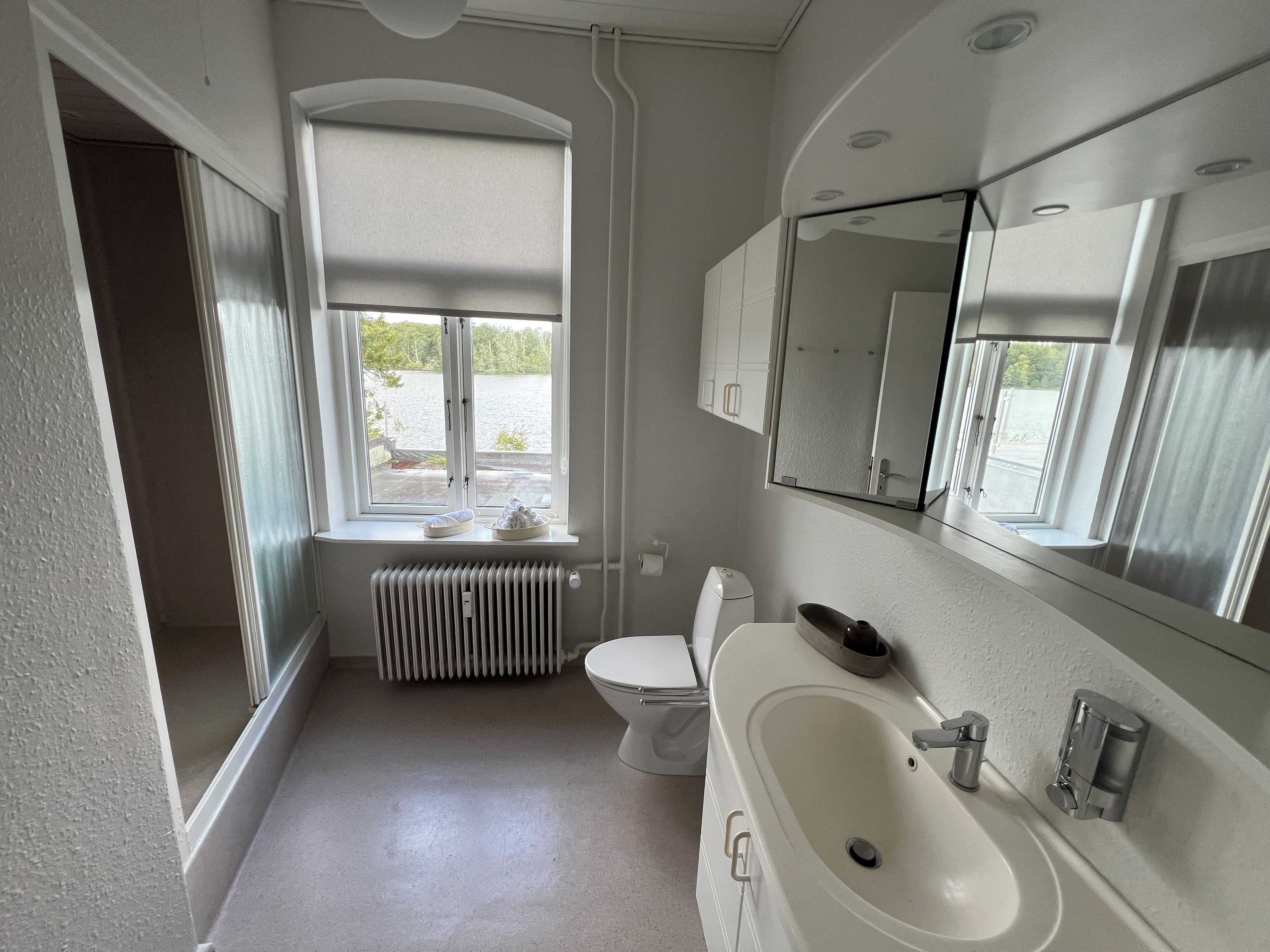 Ein Badezimmer mit weißem Waschbecken, WC und Handtuchheizkörper. Ein Fenster bietet Blick auf grüne Vegetation.