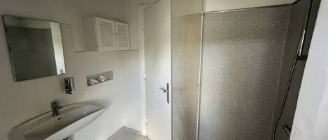 Un baño con lavabo, espejo y ducha.
