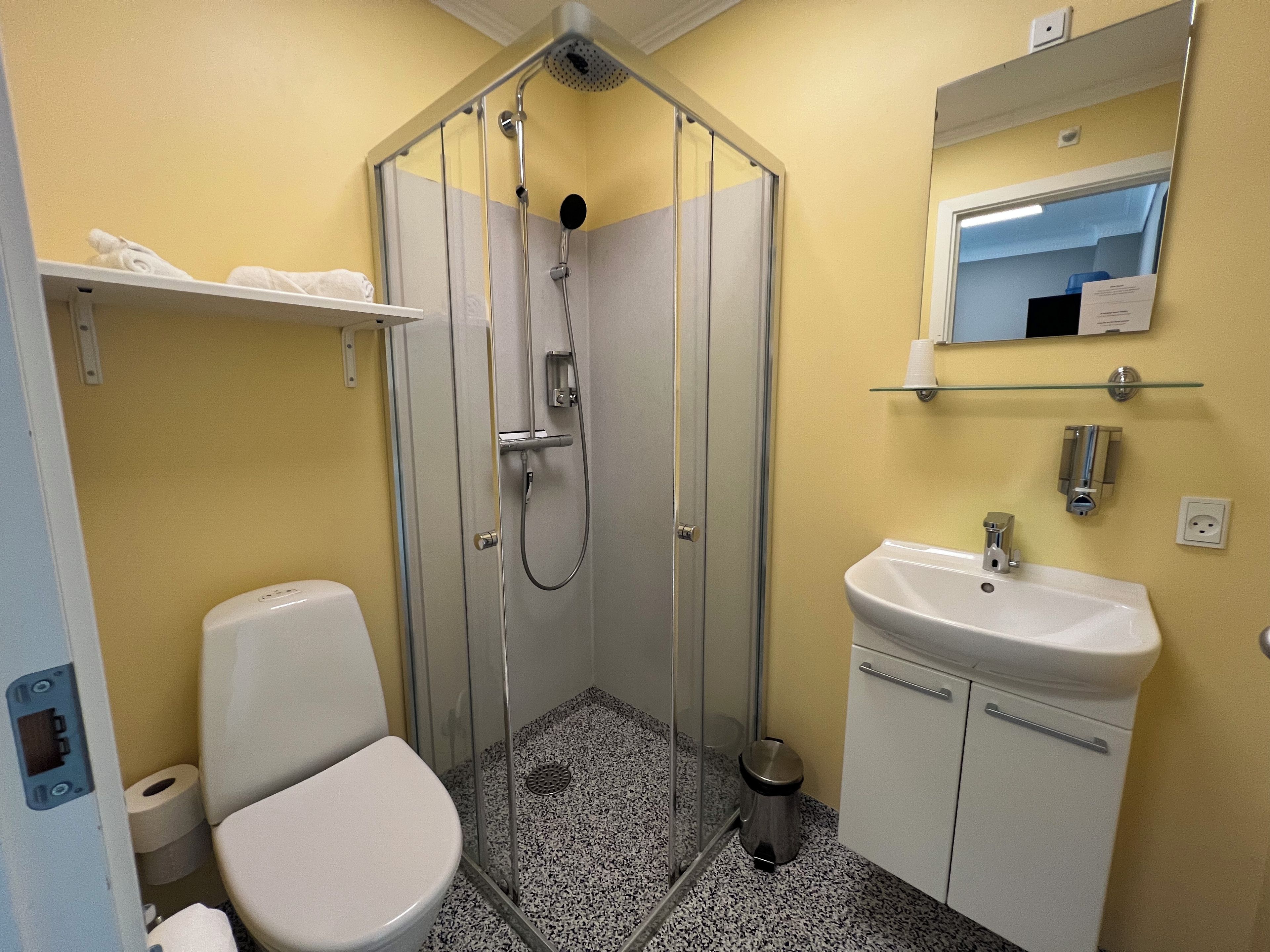 Une salle de bain équipée d’une douche, de toilettes, d’un lavabo et d’un miroir.