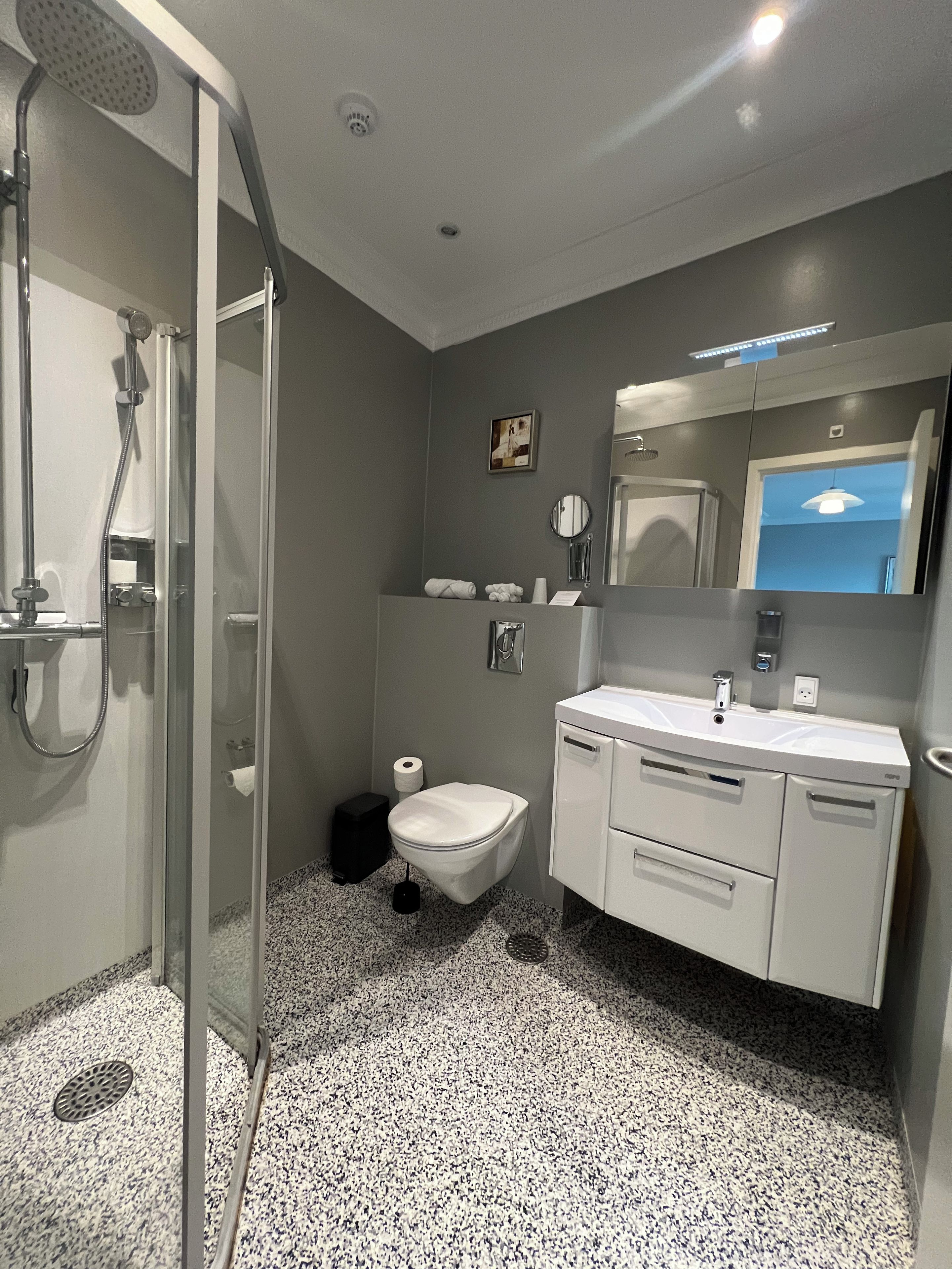 Et moderne badeværelse med en glasbrusekabine, et hvidt toilet og en vask med spejl.