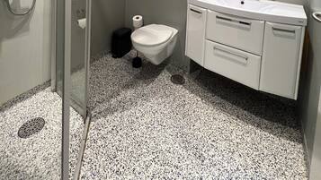 Et moderne badeværelse med en glasbrusekabine, et hvidt toilet og en vask med spejl.